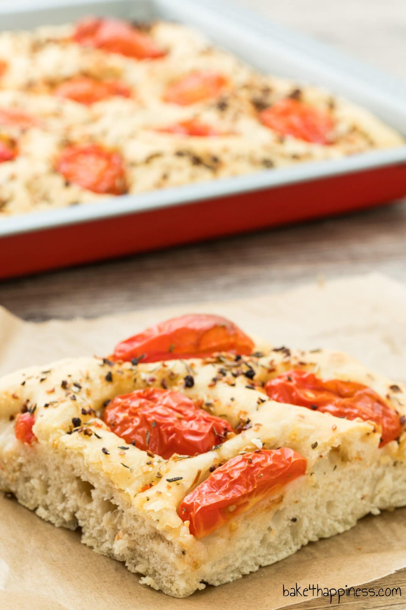 Focaccia with Mediterranean herbs and tomatoes Baking for Happiness