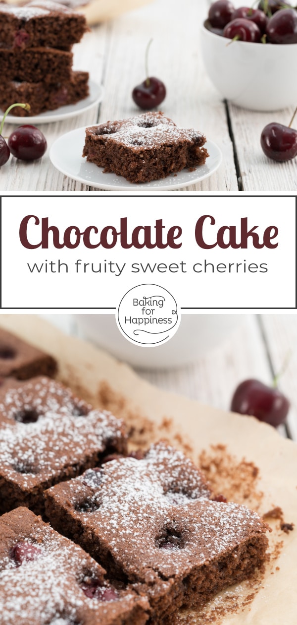 Fancy a moist cake with chocolate and cherries? This chocolate cherry sheet cake is easy and tastes delicious: chocolatey and fruity!