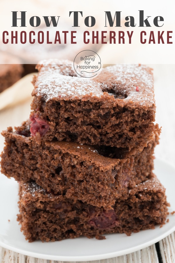 Fancy a moist cake with chocolate and cherries? This chocolate cherry sheet cake is easy and tastes delicious: chocolatey and fruity!