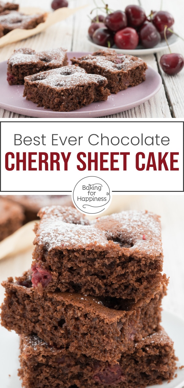 Fancy a moist cake with chocolate and cherries? This chocolate cherry sheet cake is easy and tastes delicious: chocolatey and fruity!