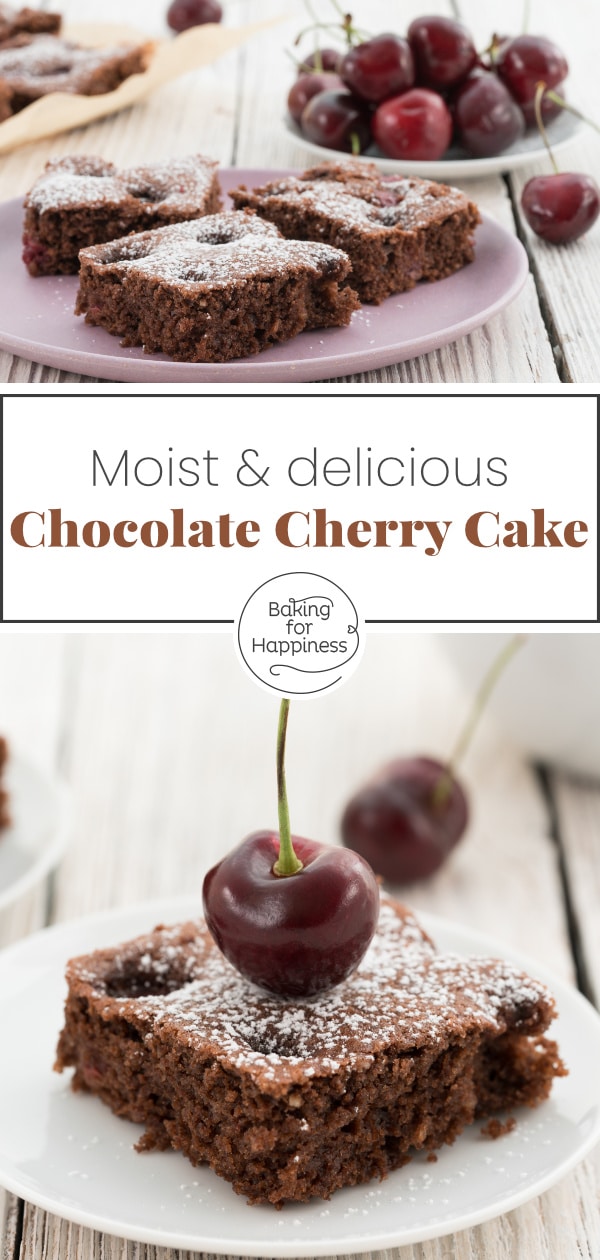 Fancy a moist cake with chocolate and cherries? This chocolate cherry sheet cake is easy and tastes delicious: chocolatey and fruity!