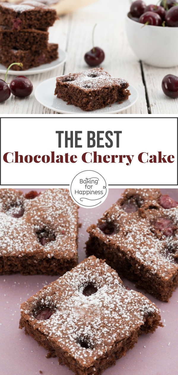 Fancy a moist cake with chocolate and cherries? This chocolate cherry sheet cake is easy and tastes delicious: chocolatey and fruity!