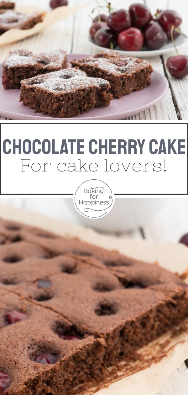 Fancy a moist cake with chocolate and cherries? This chocolate cherry sheet cake is easy and tastes delicious: chocolatey and fruity!