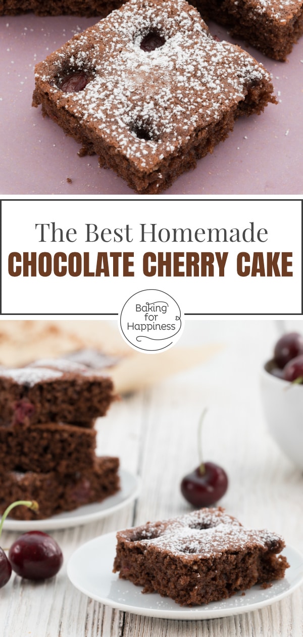 Fancy a moist cake with chocolate and cherries? This chocolate cherry sheet cake is easy and tastes delicious: chocolatey and fruity!