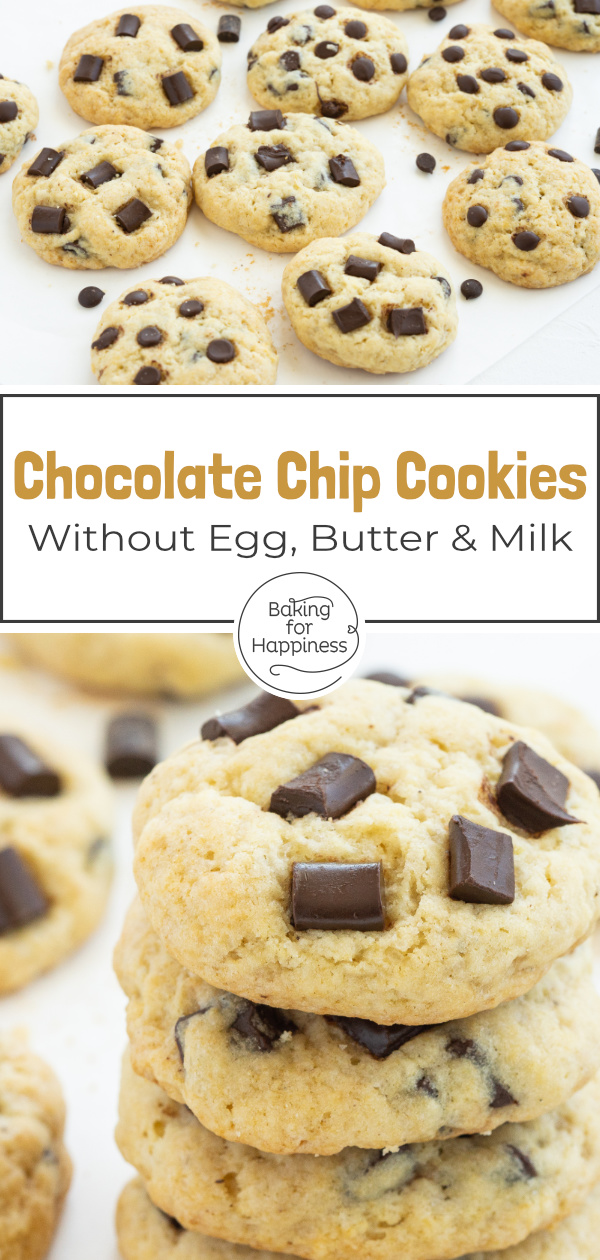 Delicious vegan chocolate chip cookies without egg, butter and milk. Nobody will notice that these cookies are vegan.