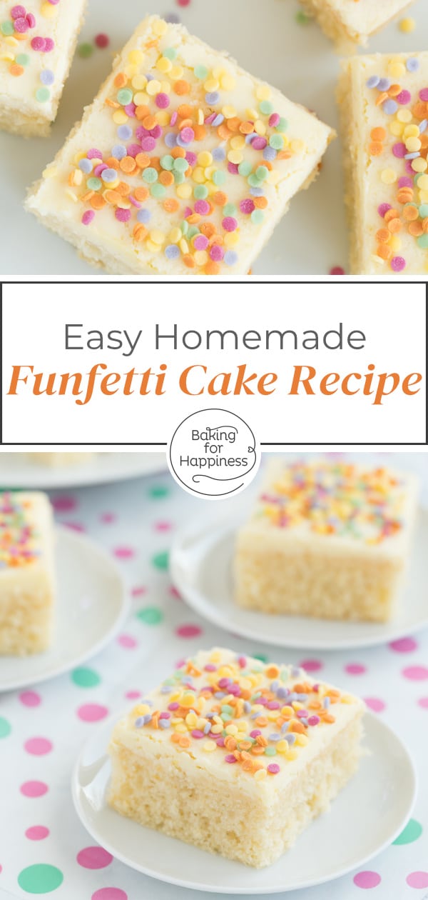 Quick funfetti cake recipe: This easy homemade funfetti cake with colorful sprinkles is a great kids' birthday cake or for carnival.