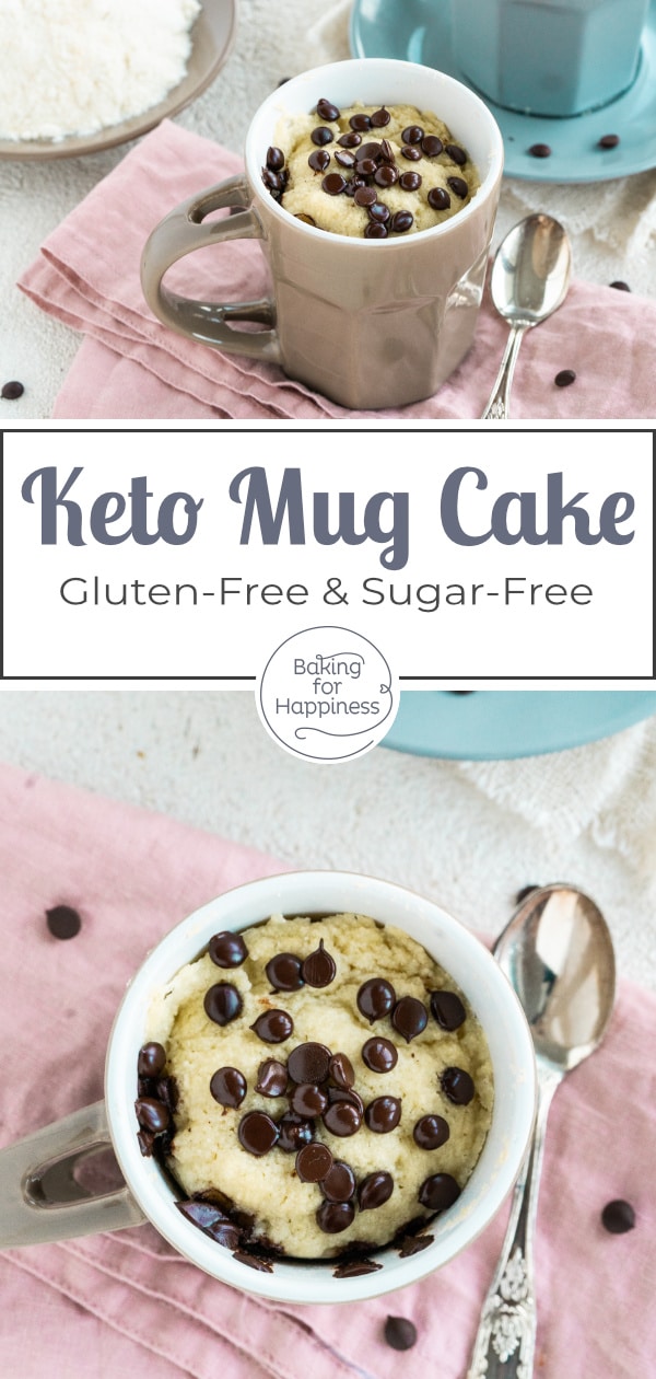 Quick recipe for a delicious low carb keto mug cake with coconut flour and chocolate. The microwave cake is ready in less than 5 minutes!