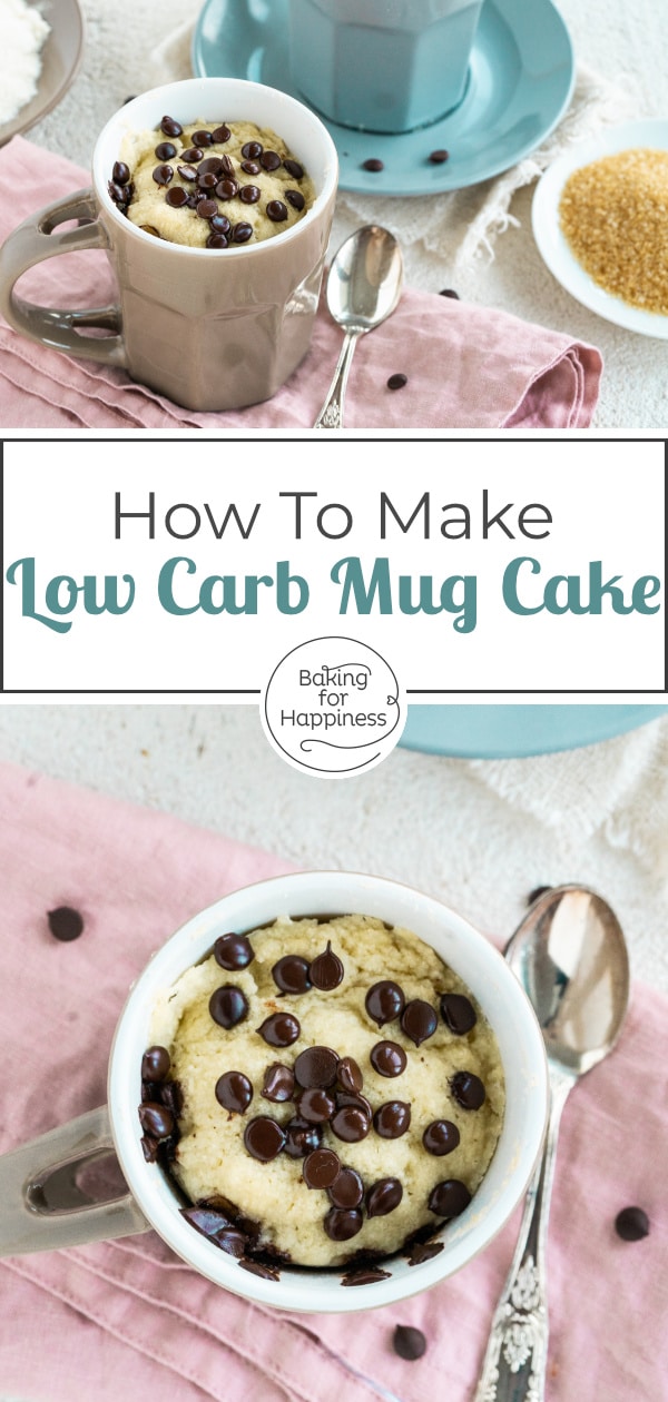 Quick recipe for a delicious low carb keto mug cake with coconut flour and chocolate. The microwave cake is ready in less than 5 minutes!