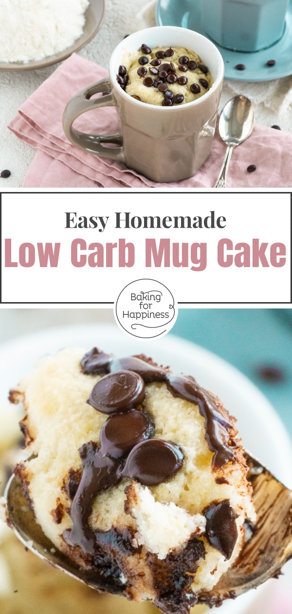 Quick recipe for a delicious low carb keto mug cake with coconut flour and chocolate. The microwave cake is ready in less than 5 minutes!