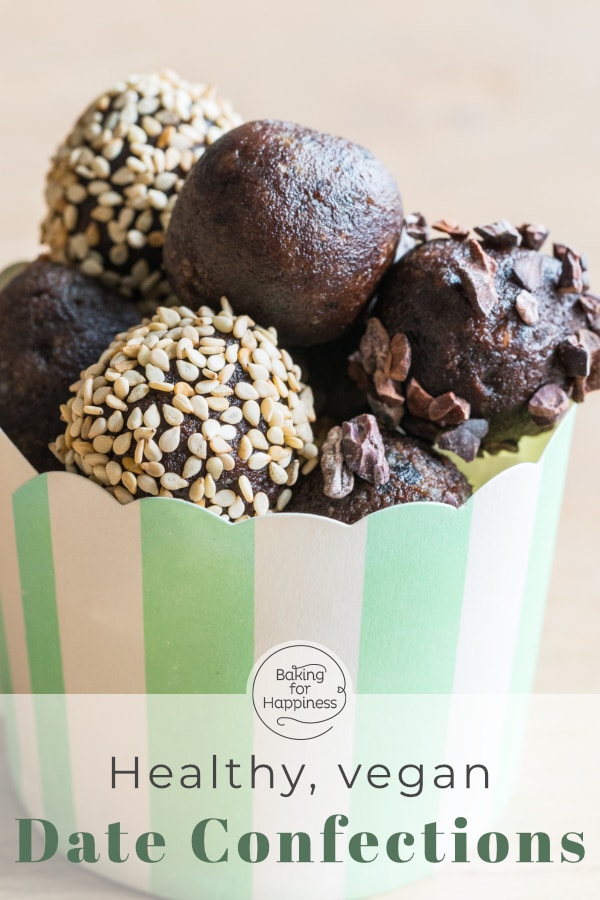 Easy recipe for vegan date energy balls without added sugar. You can make the date confection super quick and they give you power every day!