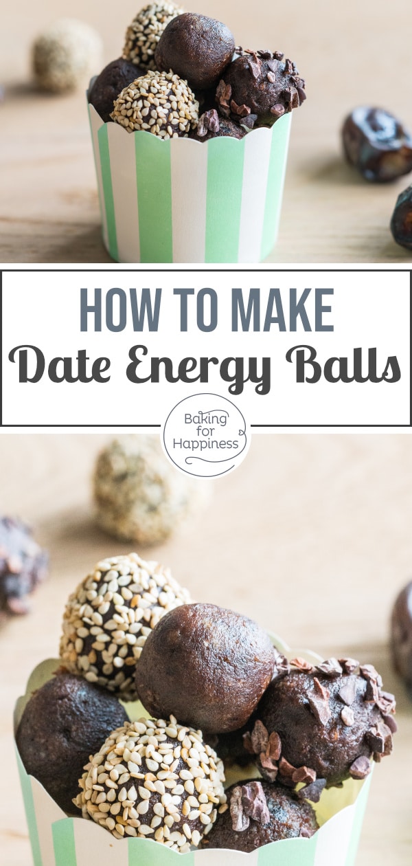 Easy recipe for vegan date energy balls without added sugar. You can make the date confection super quick and they give you power every day!