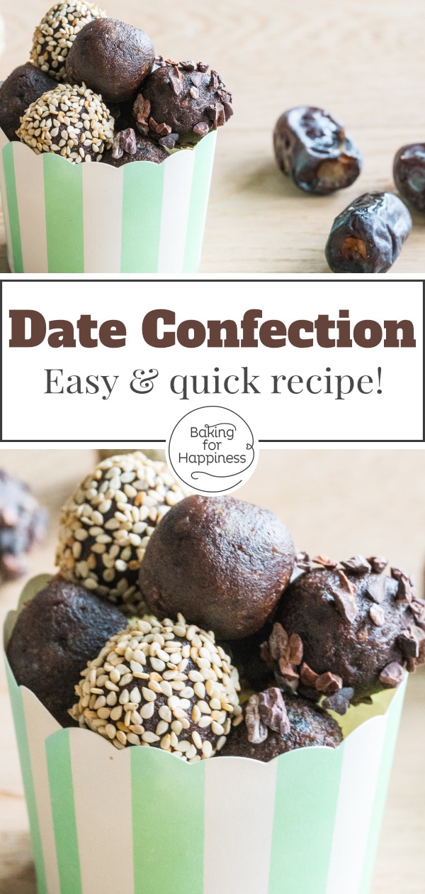 Easy recipe for vegan date energy balls without added sugar. You can make the date confection super quick and they give you power every day!