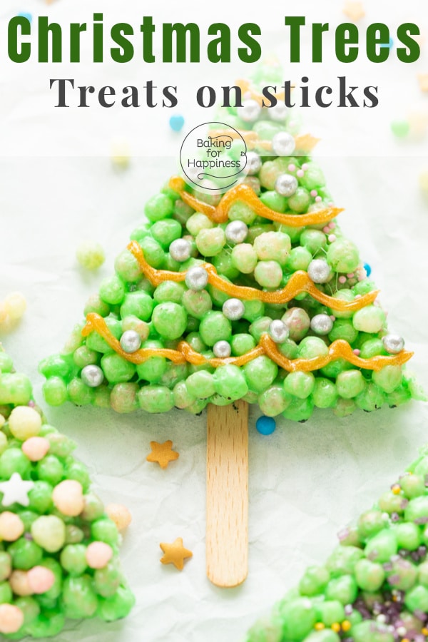 These green Christmas trees on sticks are fun Christmas cookies for kids. The foundation are Rice Krispies Marshmallow Treats.