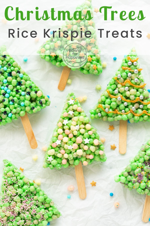 These green Christmas trees on sticks are fun Christmas cookies for kids. The foundation are Rice Krispies Marshmallow Treats.