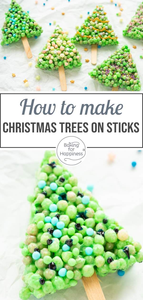 These green Christmas trees on sticks are fun Christmas cookies for kids. The foundation are Rice Krispies Marshmallow Treats.