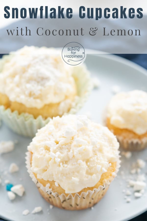 Delicious, easy snowflake cupcakes with coconut and lemon. The snowflake cupcakes look great with meringue crumbs.