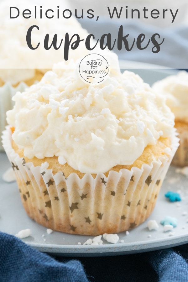 Delicious, easy snowflake cupcakes with coconut and lemon. The snowflake cupcakes look great with meringue crumbs.