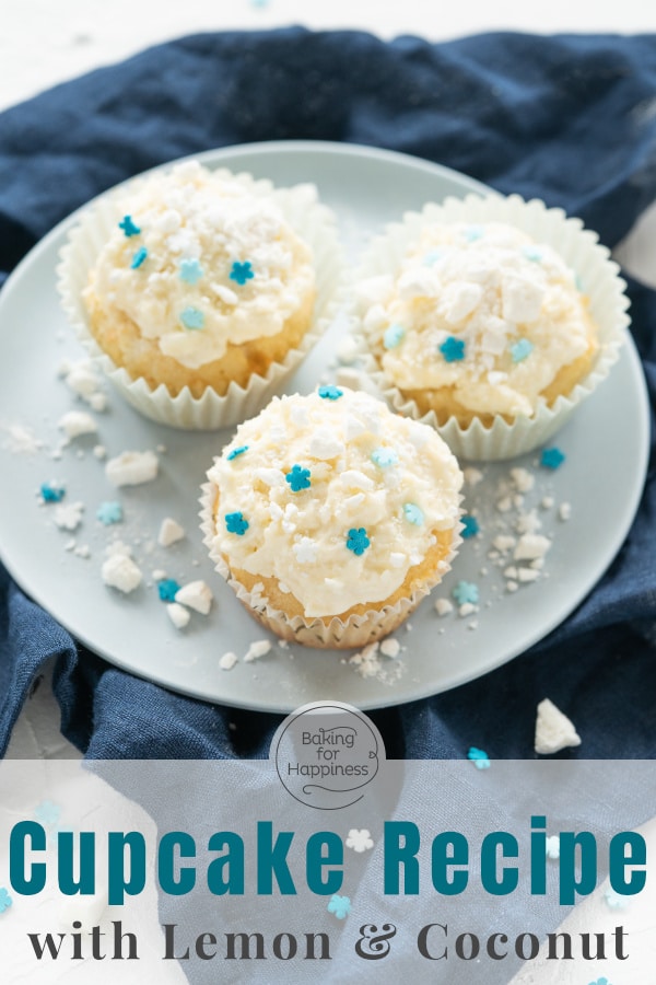 Delicious, easy snowflake cupcakes with coconut and lemon. The snowflake cupcakes look great with meringue crumbs.