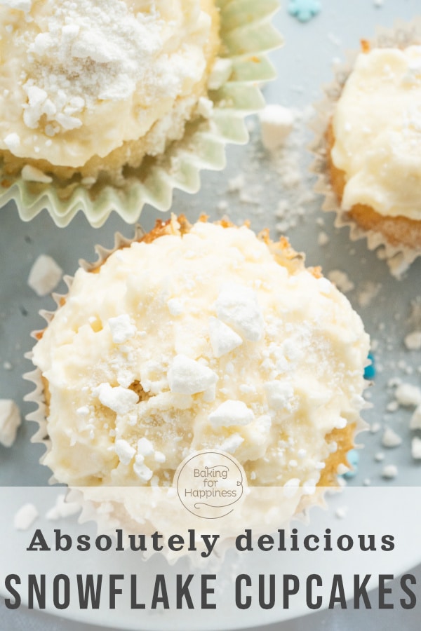Delicious, easy snowflake cupcakes with coconut and lemon. The snowflake cupcakes look great with meringue crumbs.