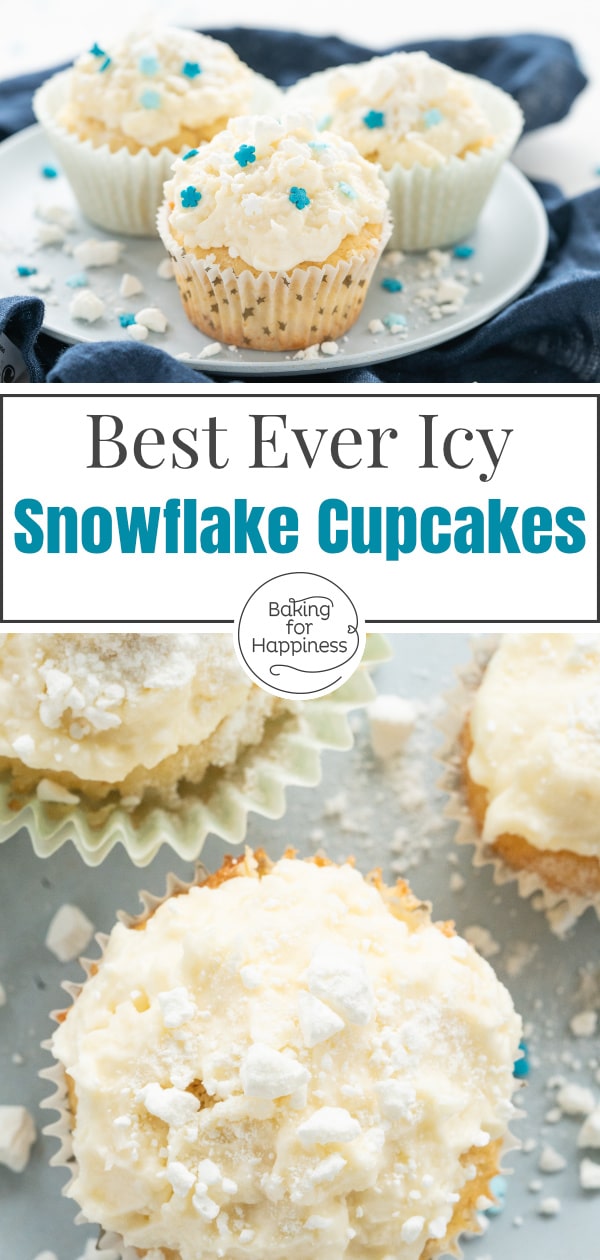 Delicious, easy snowflake cupcakes with coconut and lemon. The snowflake cupcakes look great with meringue crumbs.