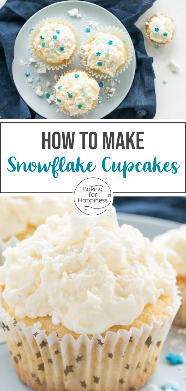 Delicious, easy snowflake cupcakes with coconut and lemon. The snowflake cupcakes look great with meringue crumbs.