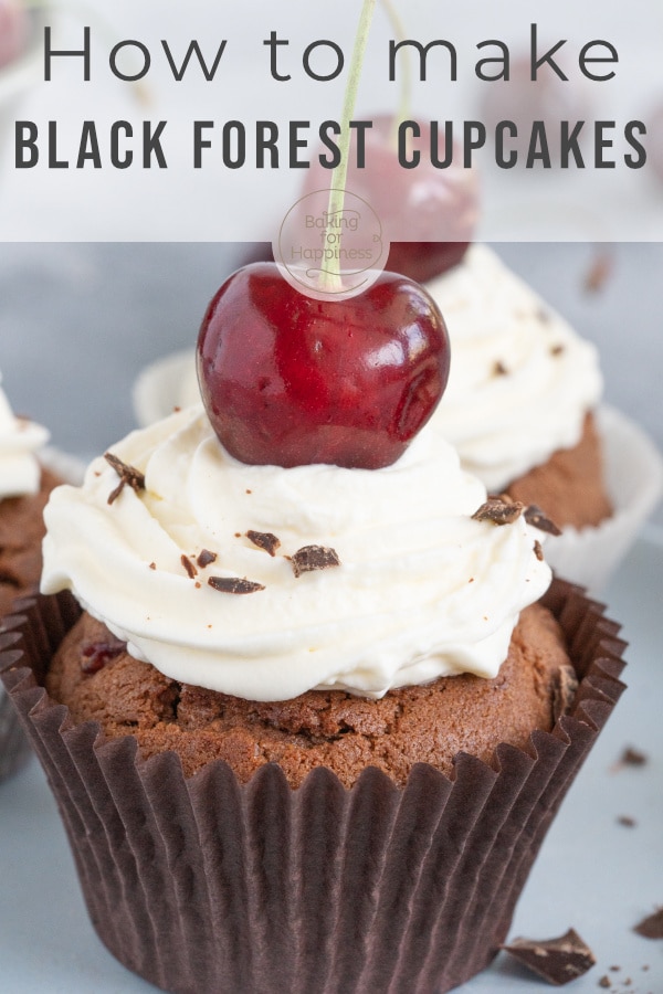 Moist chocolate cherry cupcakes with creamy cream cheese topping: these Black Forest Cherry Cupcakes are simply delicious.