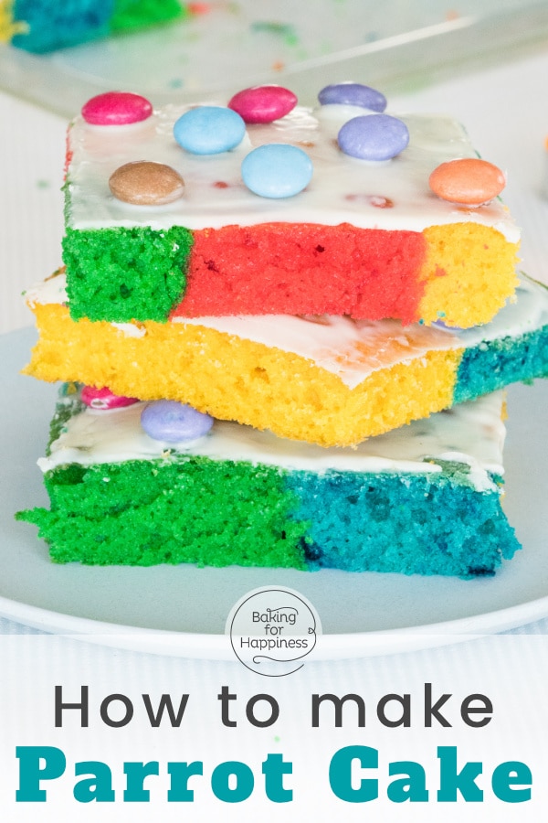This easy, colorful rainbow sheet cake, also known as parrot cake, made of sponge (parrot cake), is a real eye-catcher: beautiful and soo delicious!
