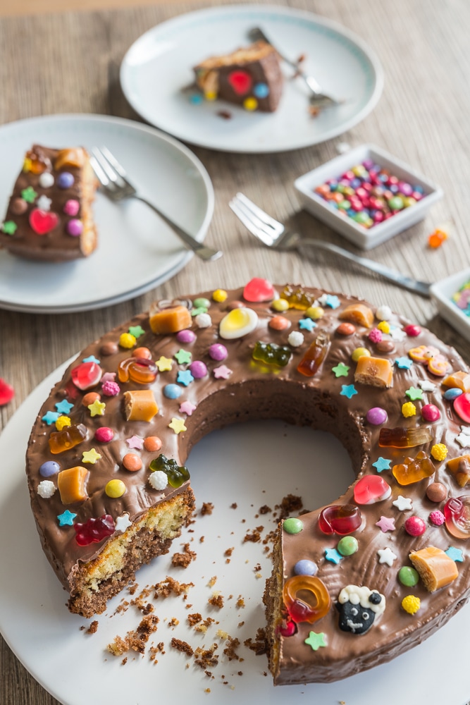 marble cake with colorful topping and chocolate glaze