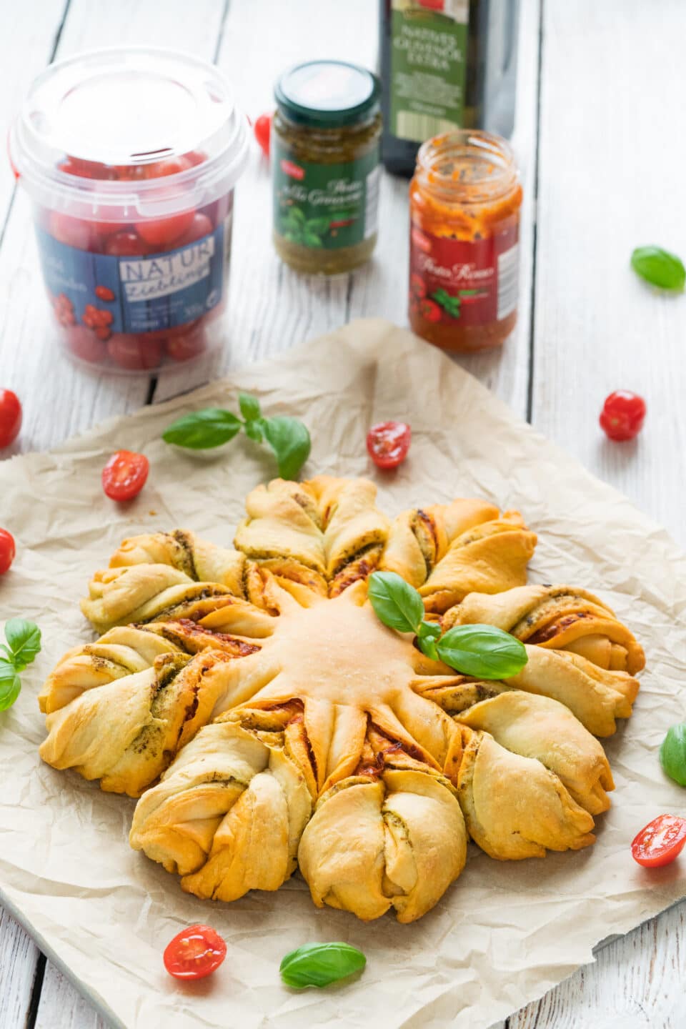 pesto flour bread with pizza dough