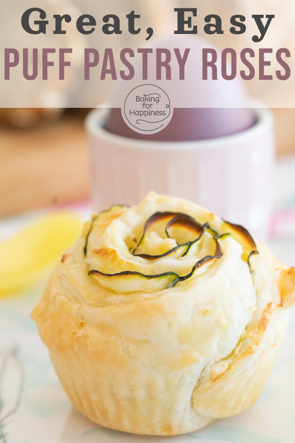 Delicious savory puff pastry roses with cream cheese, zucchini or ham. The heart rose muffins are made quickly.