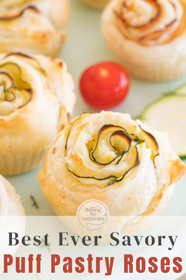 Delicious savory puff pastry roses with cream cheese, zucchini or ham. The heart rose muffins are made quickly.