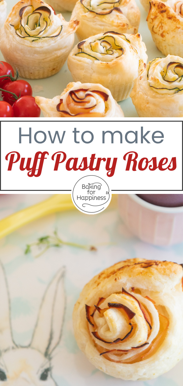 Delicious savory puff pastry roses with cream cheese, zucchini or ham. The heart rose muffins are made quickly.