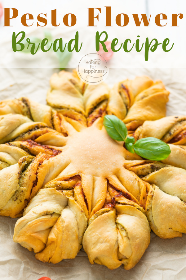 This delicious pesto flower bread with pizza dough is a real eye-catcher. Perfect for parties and as a barbecue side dish!