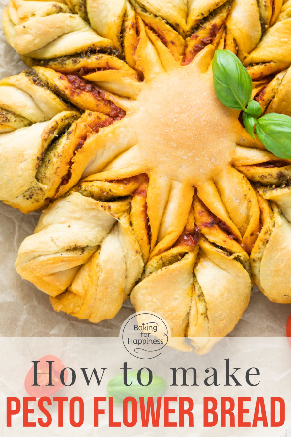 This delicious pesto flower bread with pizza dough is a real eye-catcher. Perfect for parties and as a barbecue side dish!