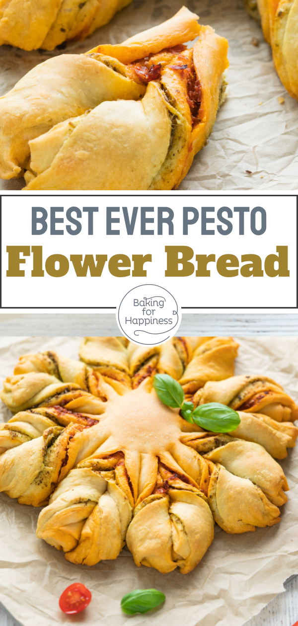 This delicious pesto flower bread with pizza dough is a real eye-catcher. Perfect for parties and as a barbecue side dish!
